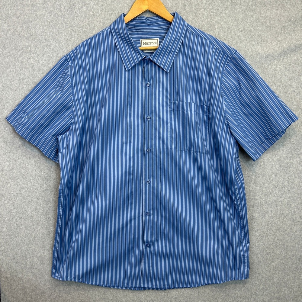 Marmot Shirt Blue White Striped Short Sleeve Button Up Casual Gorp  Mens XXL